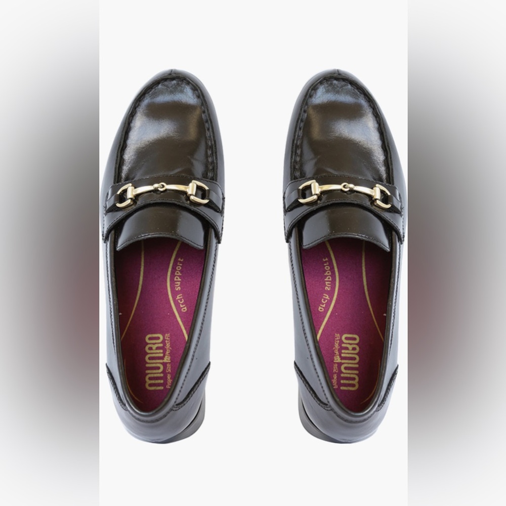 Munro Black Leather Slip-On Loafers with Gold Accent